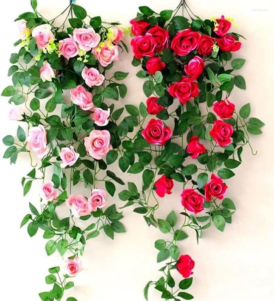 Fleurs décoratives 9 têtes de fleurs / lots de roses de soie Ivy Feuilles vertes utilisées pour la décoration de mariage en famille fausse couronne de bricolage