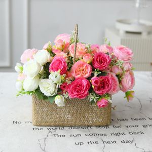 Fleurs décoratives 9 tête pivoine Bouquet fleur artificielle faux mariage décoration de la maison Rose petite soie