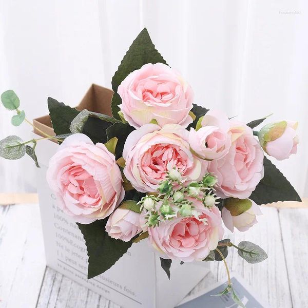 Fleurs décoratives 9 têtes pivoine artificielle Rose thé en soie Rose bricolage fausse fleur pour Table de mariage Vase de fête décoration extérieure de la maison