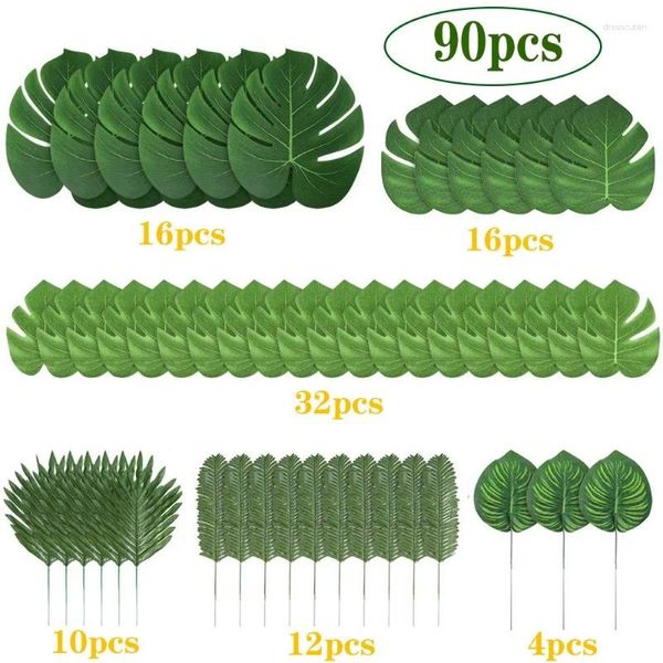 Flores decorativas 90 piezas 6 tipos de hojas de palma artificiales con plantas tropicales de imitación para decoraciones de mesa de fiesta hawaiana Luau Jungle Beach