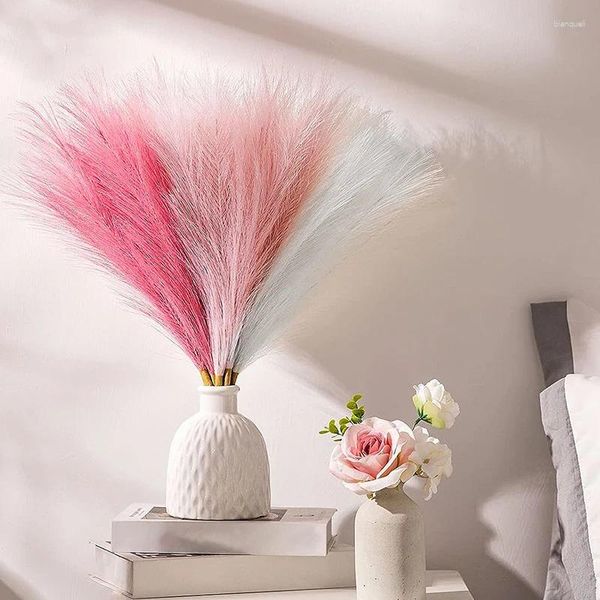 Fleurs décoratives 9 pièces 55Cm herbe de Pampas artificielle simulation colorée roseau moelleux fausses plantes pour les décorations de vase de salon de mariage