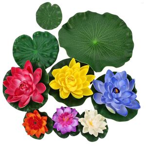 Flores decorativas 9 piezas Floración artificial flotante con almohadilla de agua de estilo chino Plantas de piscina adornos para el acuario de patio