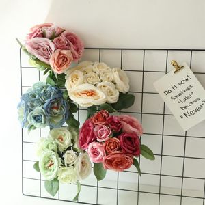 Fleurs décoratives 9pcs rose soie rose pivoine artificielle bouquet de mariée pour mariage maison bricolage décoration fausses couronnes d'artisanat d'hortensia