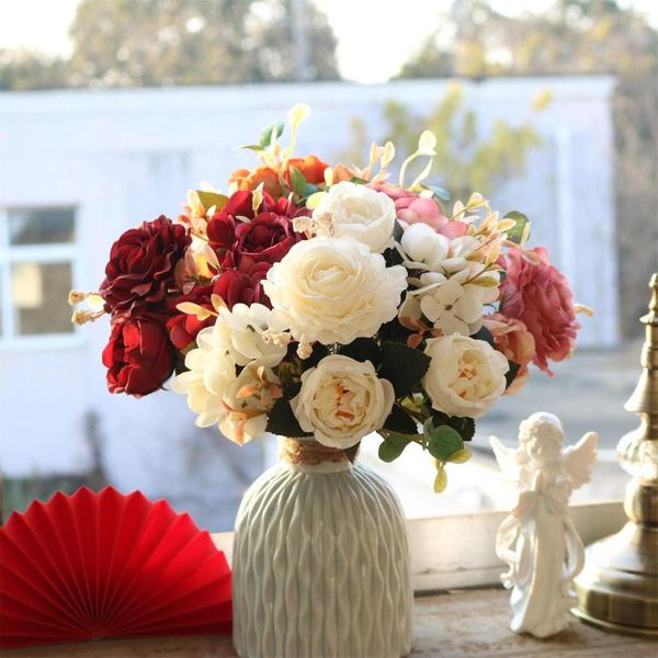 Flores decorativas un manojo de hermosas rosas de peonía artificiales de seda DIY hogar jardín fiesta decoración de boda falso