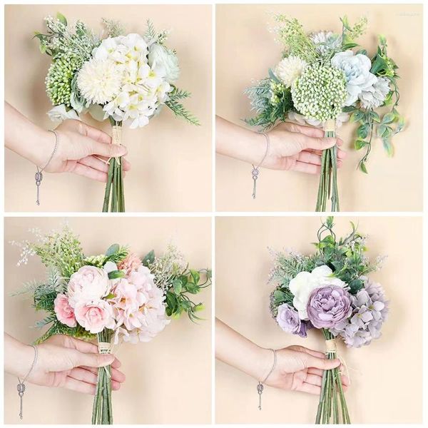 Flores decorativas un montón de simulación de ramo de hortensias planta de flores decoración de boda de bonsai viento rosa