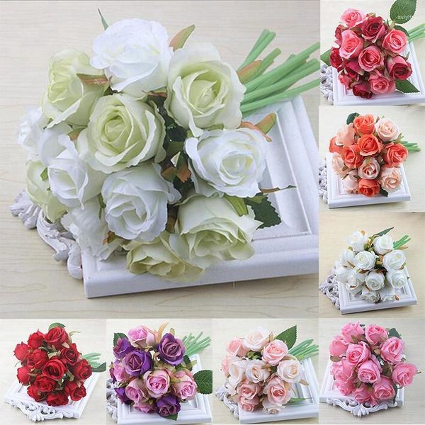 Fleurs décoratives A63I 12 pièces/lot, Bouquet De roses artificielles pour mariage, blanc, Rose, soie royale thaïlandaise, décoration De maison, fête De