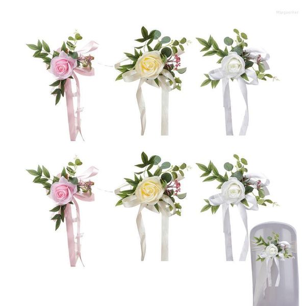 Flores decorativas Cadeira Corredor Autêntico Decorações de Casamento Para Cerimônia 6pcs Acessórios Back Floral