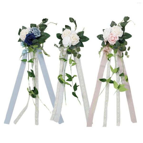 Flores decorativas Silla de pasillo Respaldo Decoración floral Cuidado fácil con hojas y cintas Decoraciones de boda para eventos de ceremonia