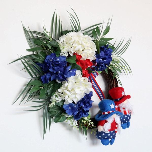 Flores decorativas American 4th Of July Wreath Wall Door Hanging Garland Silk Flower Patriotic With Dwarf Dolls