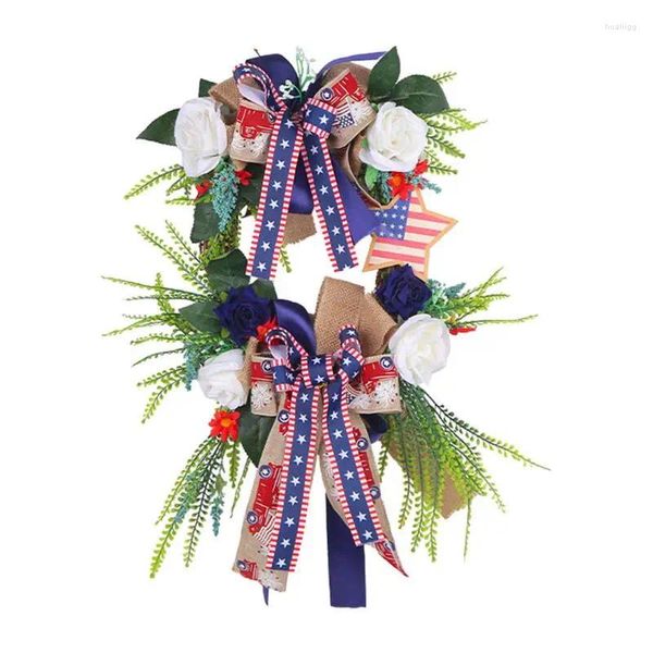 Couronne de fleurs décoratives drapeau américain patriotique, guirlande rouge blanc bleu pour porte d'entrée pour le 4 juillet, jour de l'indépendance