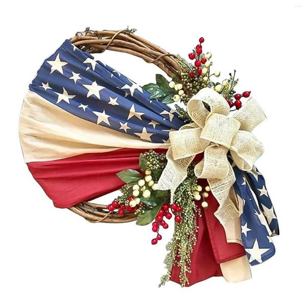 Fleurs décoratives American Independence Day Flag Wreath Home Decoration Scene Scenet Props Balsam For Front Door Fall With Lights