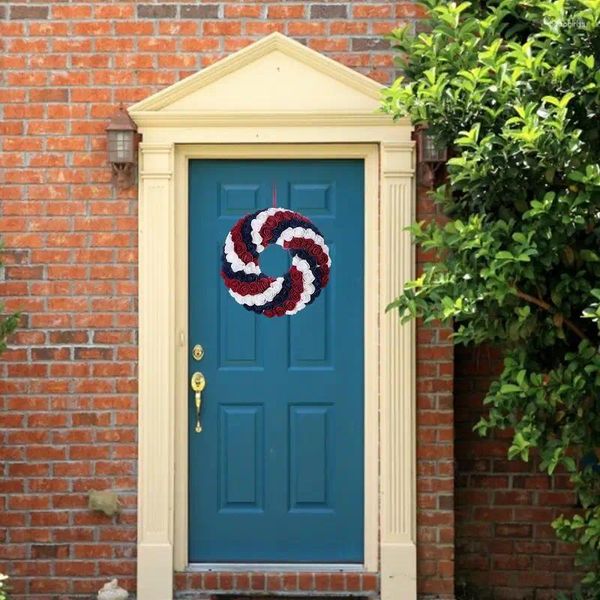 Fleurs décoratives American Patriotic Independence Day Wreath Artificial Bleu blanc rouge fleur rouge suspendue Garland pour la décoration de porte de juillet