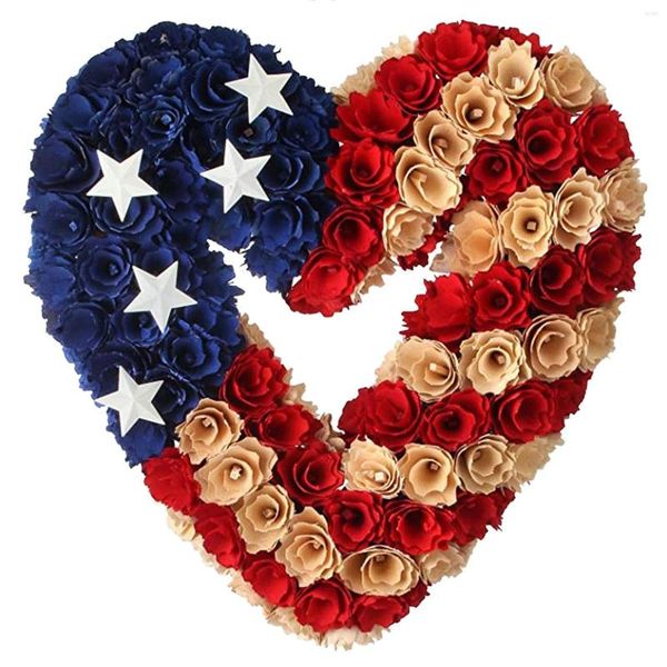 Flores decorativas Coronas del día del soldado americano para la puerta delantera Rosas azules rojas Corona de corazón Decoración de la casa de campo Celebración del festival Primavera