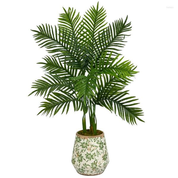 Flores decorativas Areca Árbol artificial en macetero con estampado floral (real)