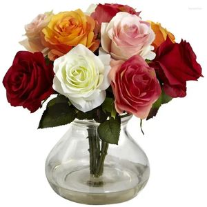 Arrangement de fleurs décoratifs artificiels avec vase multicolore