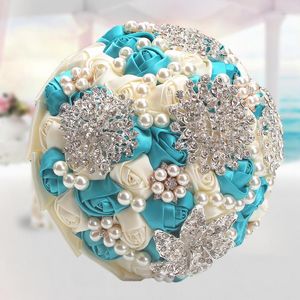 Decoratieve bloemen arriveerden Blue Cream Slik Rose Flower Bouquet Artificial Bridal voor trouwdecoratie