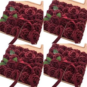 Fleurs décoratives Artificielles 100 Pcs Real Look Bourgogne Faux Roses Avec Des Tiges Pour DIY Bouquets De Mariage Rouge Douche Nuptiale