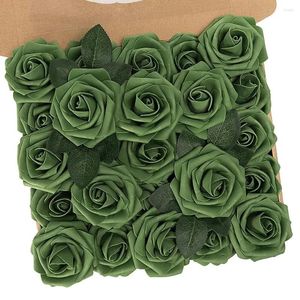 Fleurs décoratives artificielles 25pcs réel elfe mousse verte fausse roses avec tiges pour bouquets de mariage bricolage