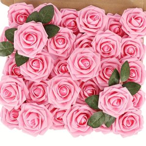 Fleurs décoratives artificielles 25pcs réels en mousse rose fausse roses avec tiges pour bouquets de mariage bricolage