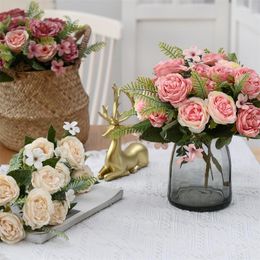 Flores decorativas artificiales 5 cabezas de seda rosa peonía planta falsa simulación flor de franela fiesta en casa decoración de la boda ramo de novia