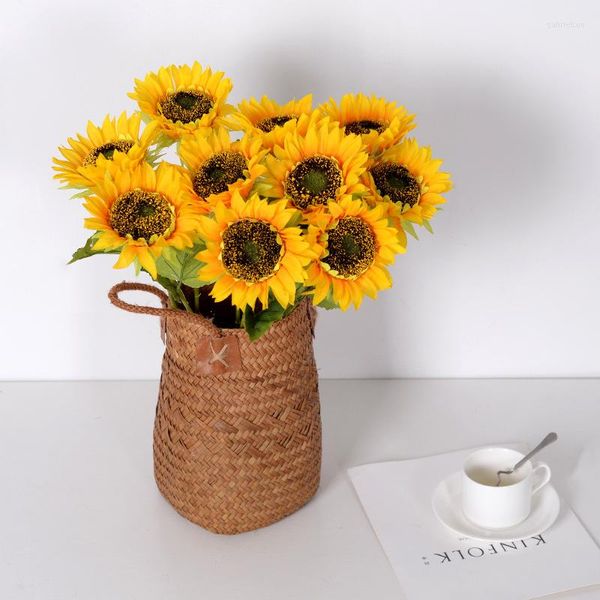 Flores decorativas Artificial 50cm Girasol Seda realista con hojas verdes Cabeza grande Hermoso ramo de girasoles amarillos