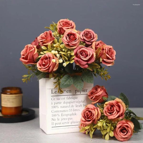 Fleurs décoratives artificielles 7 têtes de petites roses stimulées bouquet fausse fleur pour la table de mariage vase de fête à la maison décor