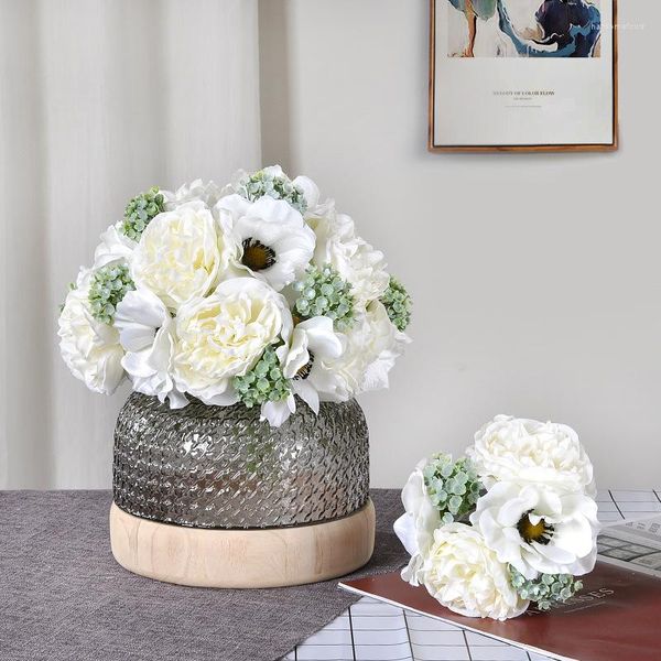 Fleurs décoratives Artificielle Anémone Hortensia Bouquet Soie Décoration De La Maison De Mariage Bouquets De Mariée Flores Artificales Blanc