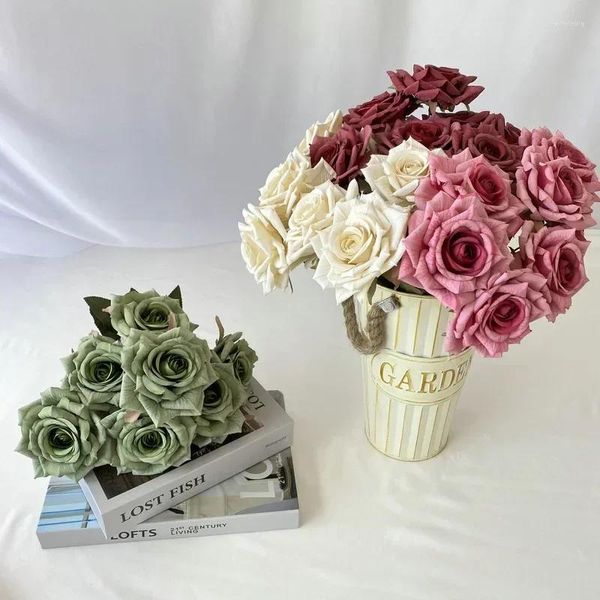 Flores decorativas bar artificial seda diamante rosas bouquet mesa de comedor decoración planta de rosa blanca flor falsa