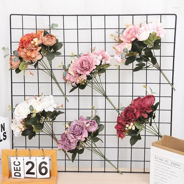 Fleurs décoratives Artificiel Belle Silk Roses vintage Peonies Hortensias Home Wedding Decoration Fake Plants Bridal Hand Bouquet