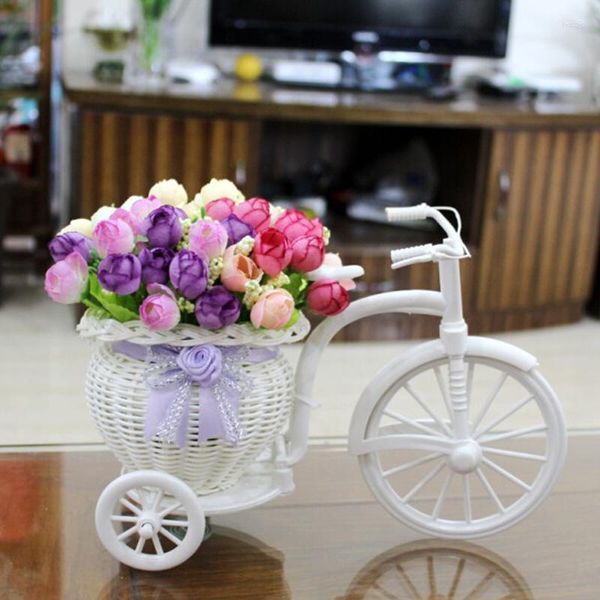 Flores decorativas Bicicleta artificial Moda Rosa Coche Artesanía Decoración del hogar Muebles Mesa de ratán de plástico