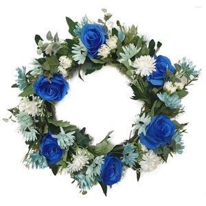 Fleurs décoratives Couronne de rose bleu artificiel couronnes de printemps réalistes pour la porte d'entrée de la fenêtre de mariage de la porte du mur de la maison