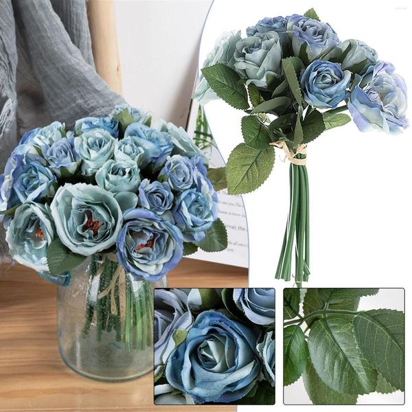 Fleurs décoratives Artificielles Roses Bleues Rose Bouquet De Fleurs Maison Jardin Décoration De Mariage Faux # t2p