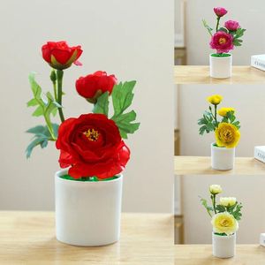 Fleurs décoratives Bonsaï artificielles 3 têtes Rose Mini Silk Potted Fake Flower Plantes de mariage Arrangement de fête