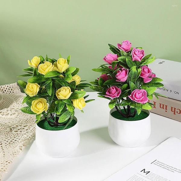 Flores decorativas bonsái artificial fácil cuidado realista sin riego no marchito Anti-decoloración 12 rosas falsas planta en maceta hogar