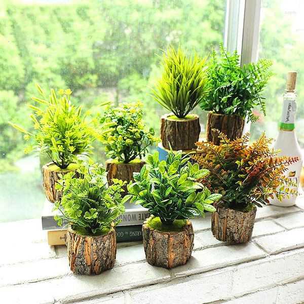 Bonsaï artificiel avec Pot en bois, fleurs décoratives, fausses plantes vertes en plastique, ornements de Table, décoration créative de jardin de maison