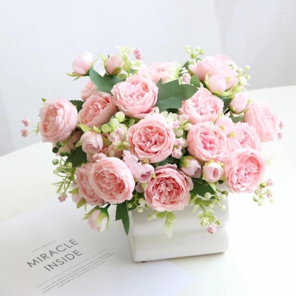 Ramo de flores decorativas artificiales, rosa falsa, blanco, rosa, champán, decoración para el hogar, boda, interior y exterior, 32cm, 5 cabezas