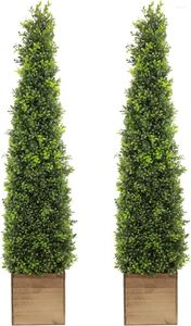 Decoratieve bloemen kunstbuxus vormsnoei boom 48 inch hoog (2 stuks) Faux toren in houten kist plantenbak groene plantenpot