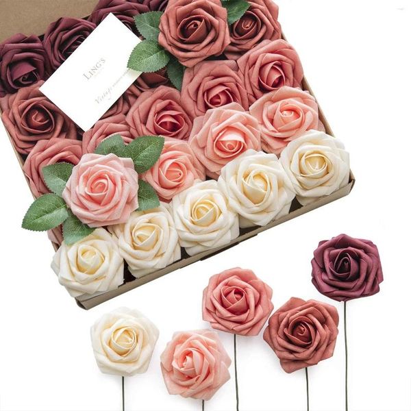 Flores decorativas Artificial Borgoña Ombre Colors Foam Rose 5 Tones para Bouquets de boda de bricolaje Centros de mesa decoraciones (25pcs)