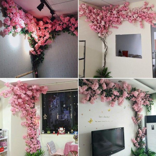 Fleurs décoratives cerisier artificiel combinaison rose branche soie bricolage fleur mur décoration de mariage maison