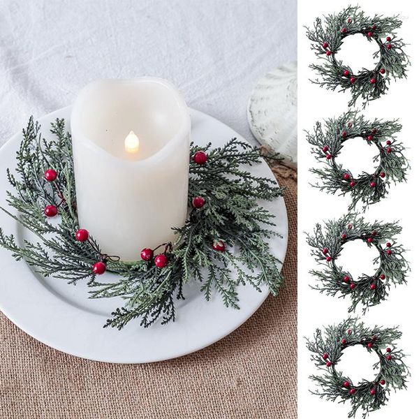 Decoratieve Bloemen Kunstmatige Kerstkaars Garland Ring Simuleer Pijnboom Rode Vruchten Kransen Servetringen Home Party Eettafel Decor