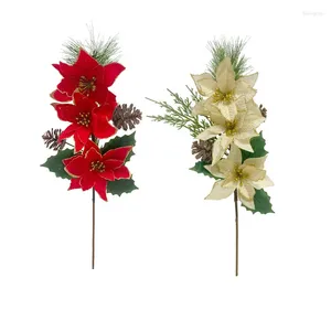 Decoratieve bloemen kunstmatige kerstbloem poinsettia bush dennen naalden boeket decoratie nep huistafel centerpieces decor