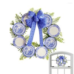 Decoratieve bloemen kunstmatige kerstkrans blauwe muur kunst wilg decor 15 inch deur witte porseleinen plaat