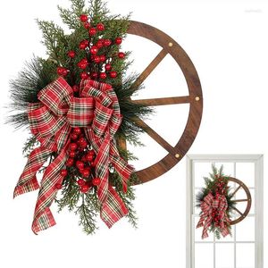 Flores decorativas Artificial Christmas Wreath Pino aguja roja Rueda de fruta de frutas Bow al aire libre Puerta colgante
