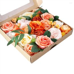 Decoratieve Bloemen Kunstmatige Combo Verbrande Oranje Rozen Met Steel Box Set Voor DIY Bruiloft Bruidsboeket Centerpieces