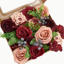 Fleurs décoratives roses combo artificielles - Dly mariage Bouquet de mariée BouquetPieces-burgundy fleur de rose poussiéreuse avec des décorations à la maison en tige