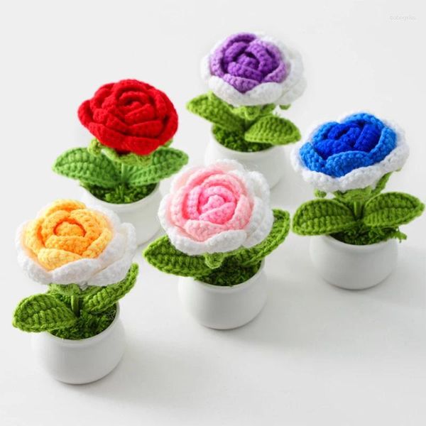 Fleurs décoratives artificielles au Crochet tissé Rose tricoté fleur en pot plantes dégradé couleur fête de mariage maison décor de bureau
