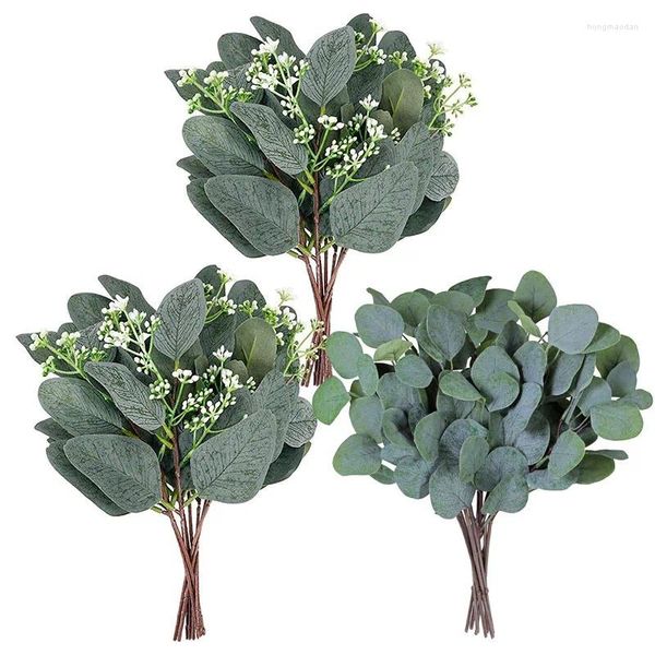 Flores decorativas, tallo de hoja de eucalipto artificial, rama de árbol de dólar de plata corta, decoración de Navidad, follaje individual