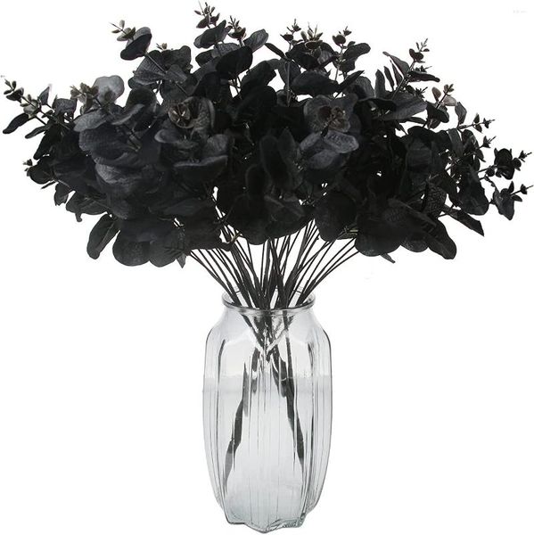 Flores decorativas eucalipto artificial tallo toque real hoja falso de eucaliptos largos ramas ramas de boda decoración del hogar (negro