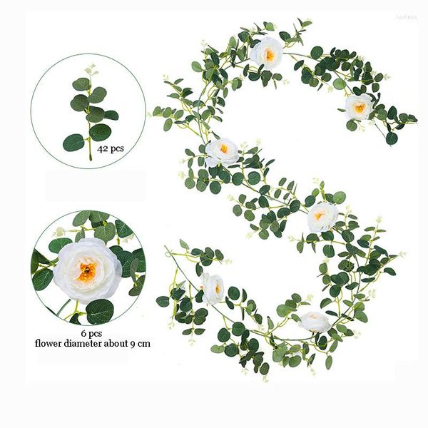 Flores decorativas Hojas de eucalipto artificial Vides Planta verde Ivy Long Faux Silk Rattan Flower Guirnalda para boda Arch Room Garden Wall