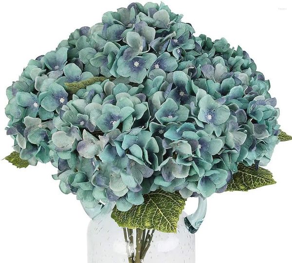 Fleurs décoratives artificielles fausses plantes, arrangements d'hortensia en soie, bouquets de mariage, décorations florales en plastique (bleu acide 5 têtes de fleurs)